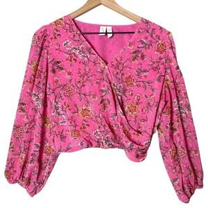 Joie Women’s Floral Faux Wrap Cropped Long Sleeve Top Pink Size L